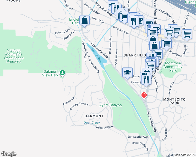map of restaurants, bars, coffee shops, grocery stores, and more near 3351 Country Club Drive in Glendale
