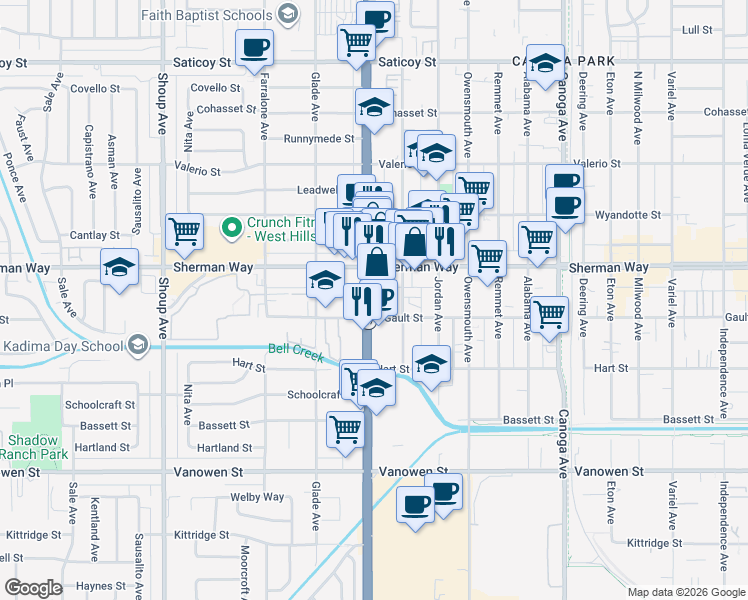 map of restaurants, bars, coffee shops, grocery stores, and more near 21910 Sherman Way in Los Angeles