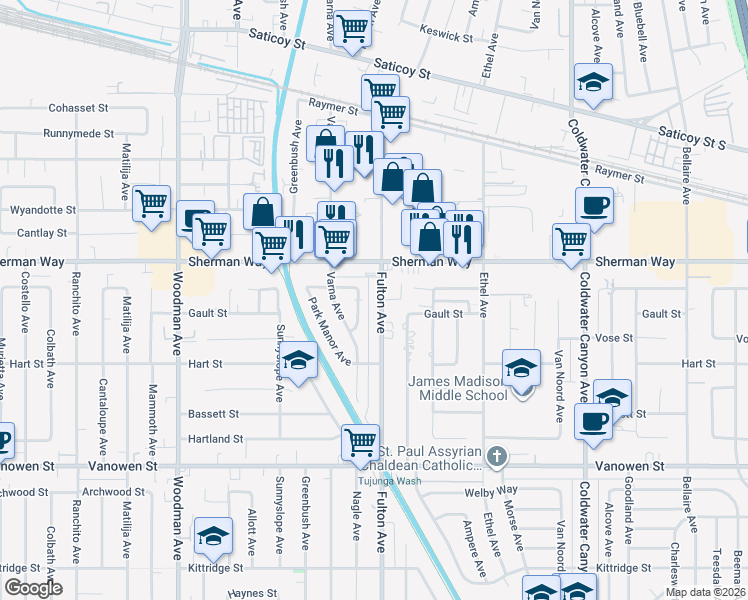 map of restaurants, bars, coffee shops, grocery stores, and more near 7117 Fulton Avenue in Los Angeles