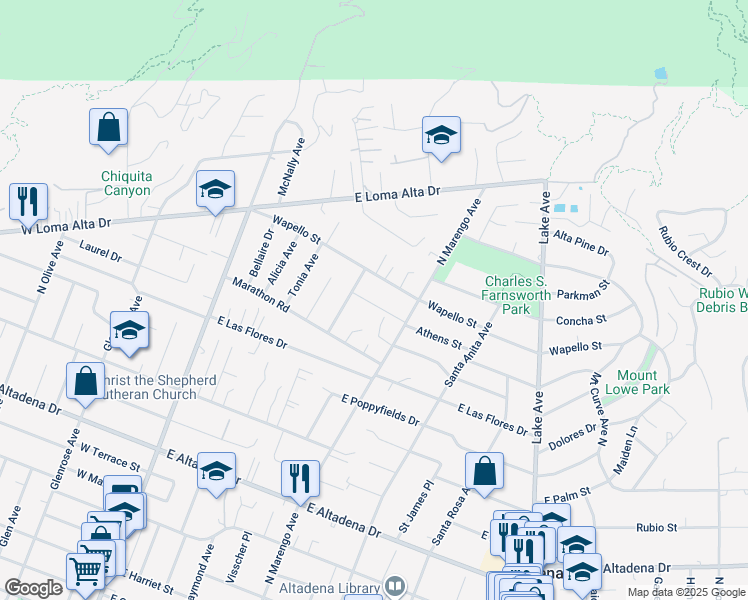 map of restaurants, bars, coffee shops, grocery stores, and more near 3326 North Raymond Avenue in Altadena