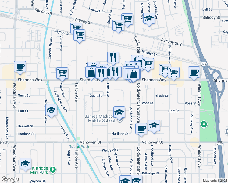 map of restaurants, bars, coffee shops, grocery stores, and more near 7119 Wortser Avenue in Los Angeles