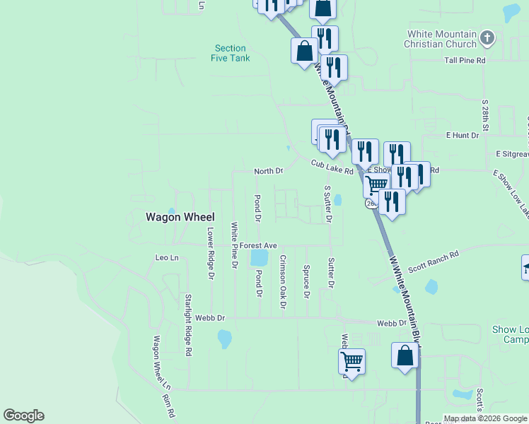 map of restaurants, bars, coffee shops, grocery stores, and more near 6575 Pond Drive in Navajo County