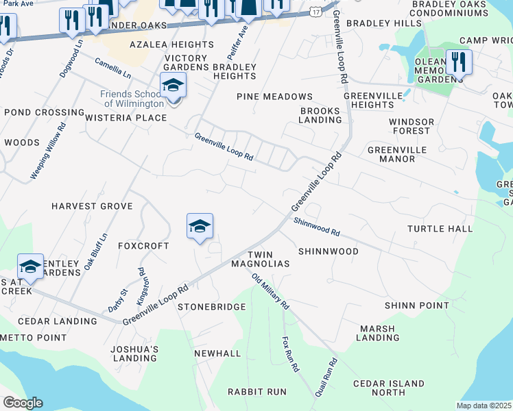 map of restaurants, bars, coffee shops, grocery stores, and more near 2106 Oak View Lane in Wilmington