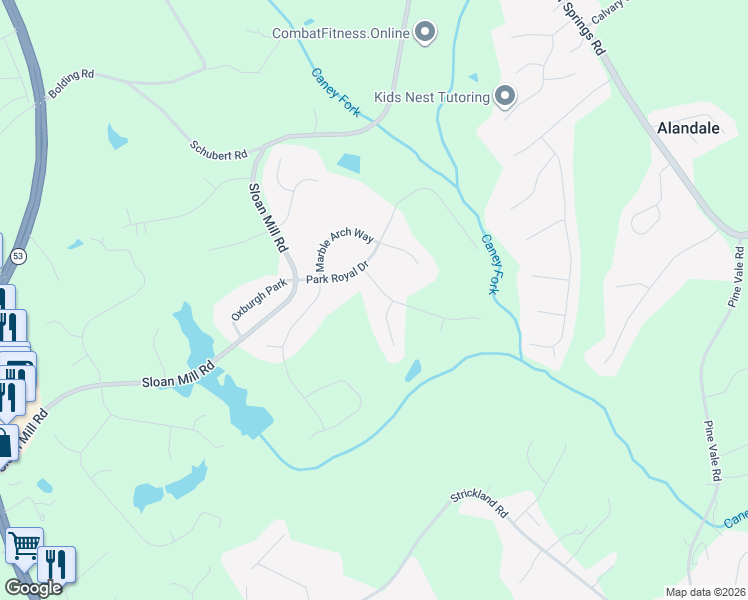 map of restaurants, bars, coffee shops, grocery stores, and more near 4514 Knightsbridge Rd in Flowery Branch