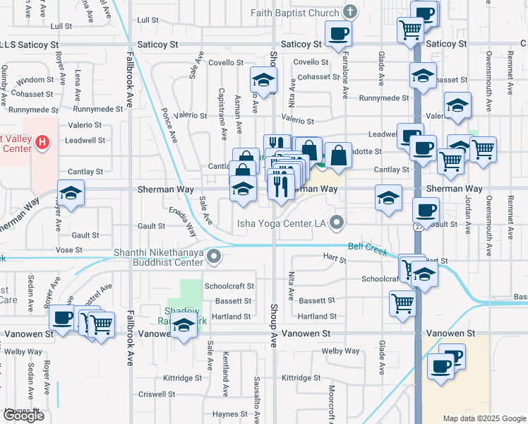 map of restaurants, bars, coffee shops, grocery stores, and more near 7125 Shoup Avenue in Los Angeles