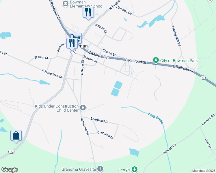 map of restaurants, bars, coffee shops, grocery stores, and more near 135 Lavender Drive in Bowman