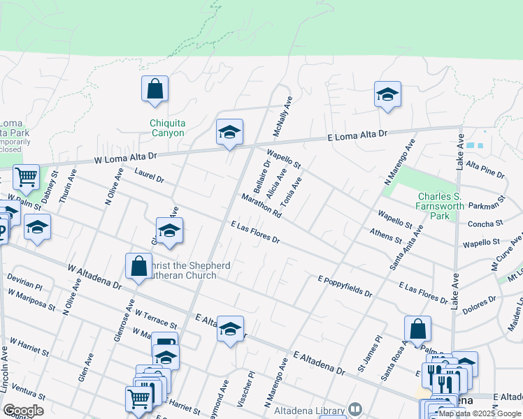 map of restaurants, bars, coffee shops, grocery stores, and more near 92 Marathon Road in Altadena