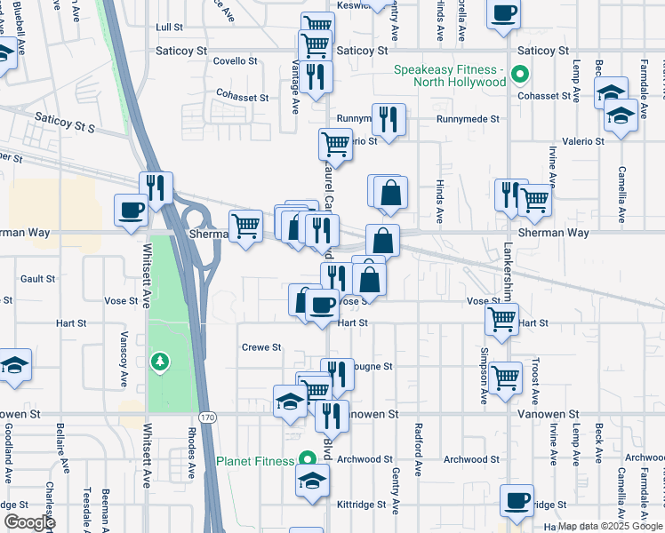 map of restaurants, bars, coffee shops, grocery stores, and more near 7114 Laurel Canyon Boulevard in Los Angeles