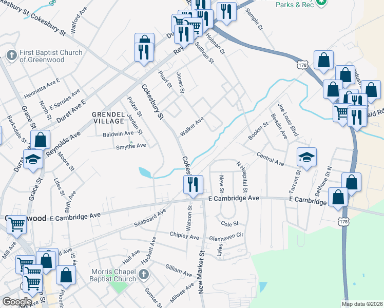 map of restaurants, bars, coffee shops, grocery stores, and more near 212 Cokesbury St in Greenwood