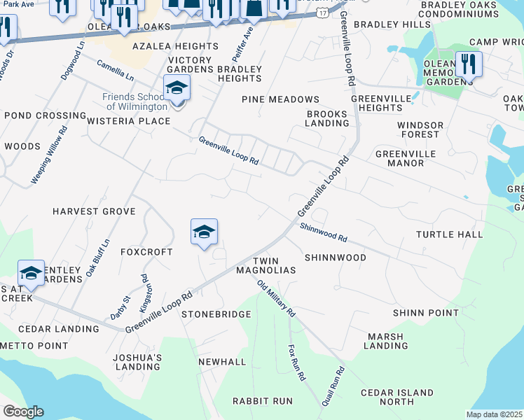 map of restaurants, bars, coffee shops, grocery stores, and more near 2106 Oak View Lane in Wilmington