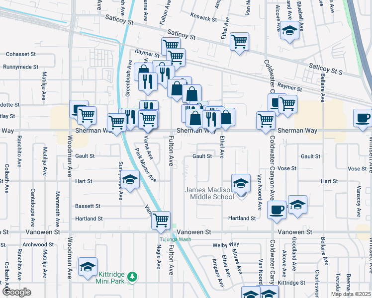 map of restaurants, bars, coffee shops, grocery stores, and more near 13225 Gault Street in Los Angeles