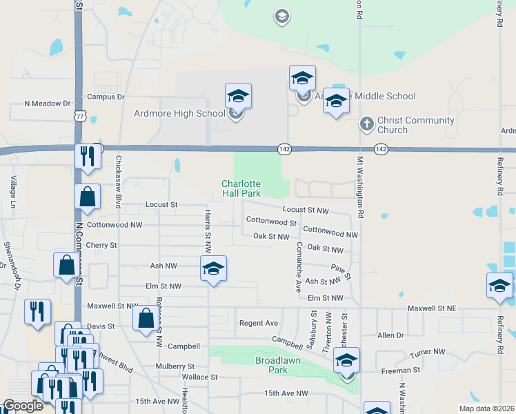 map of restaurants, bars, coffee shops, grocery stores, and more near 530 Locust Street Northwest in Ardmore