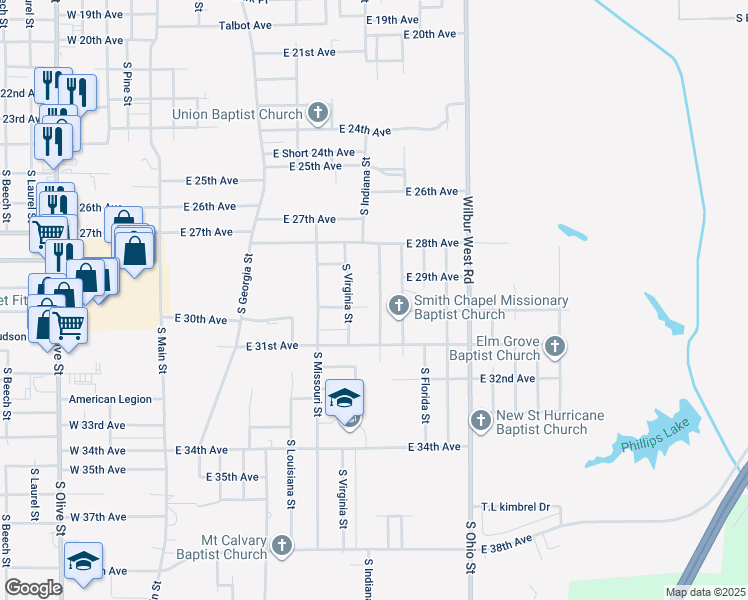 map of restaurants, bars, coffee shops, grocery stores, and more near 2914 South Indiana Street in Pine Bluff