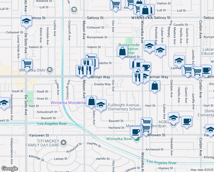 map of restaurants, bars, coffee shops, grocery stores, and more near 20326 Enadia Way in Los Angeles