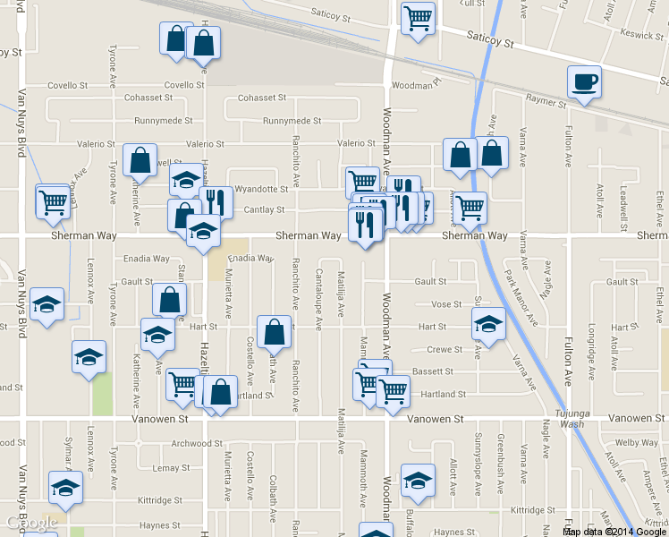 map of restaurants, bars, coffee shops, grocery stores, and more near 7115 Matilija Avenue in Los Angeles