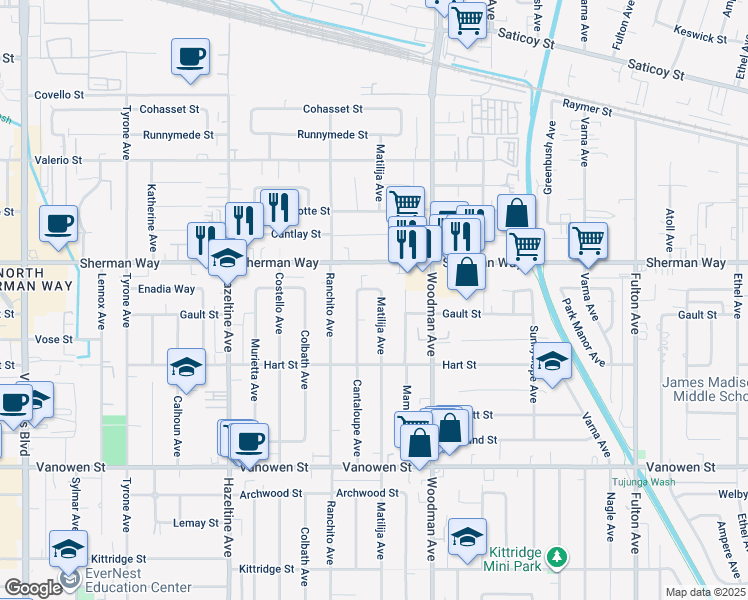 map of restaurants, bars, coffee shops, grocery stores, and more near 7115 Matilija Avenue in Los Angeles