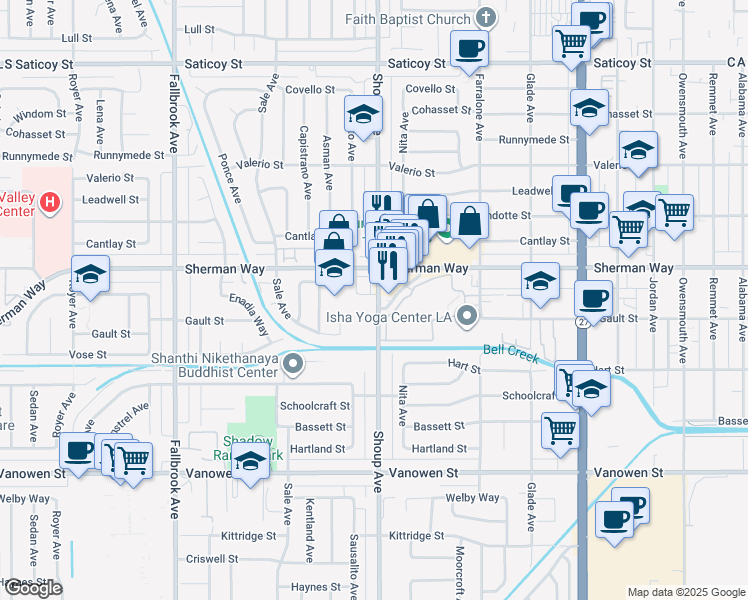map of restaurants, bars, coffee shops, grocery stores, and more near 7125 Shoup Avenue in Los Angeles