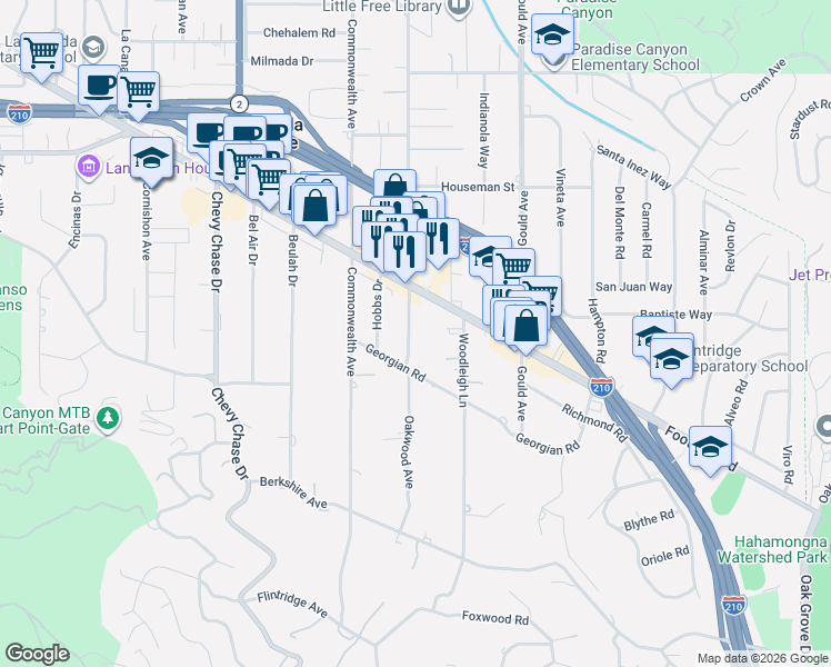 map of restaurants, bars, coffee shops, grocery stores, and more near 4428 Oakwood Avenue in La Cañada Flintridge