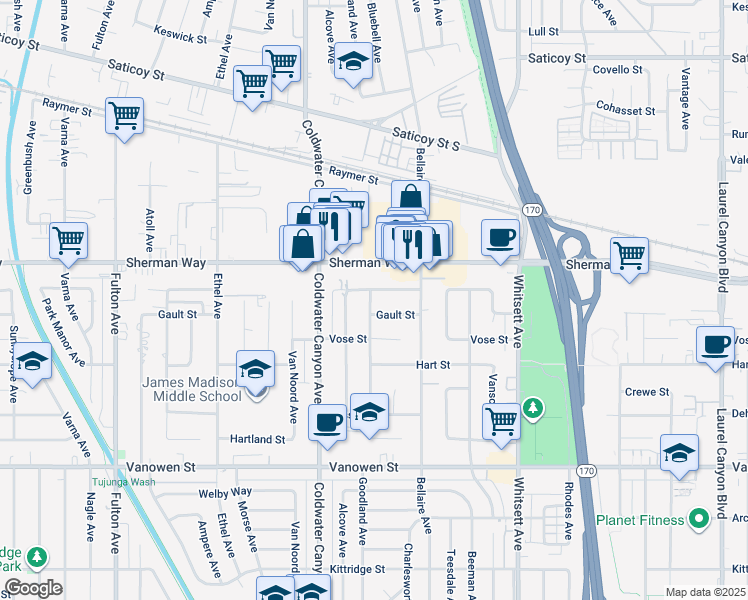 map of restaurants, bars, coffee shops, grocery stores, and more near 12756 Barbara Ann Street in Los Angeles