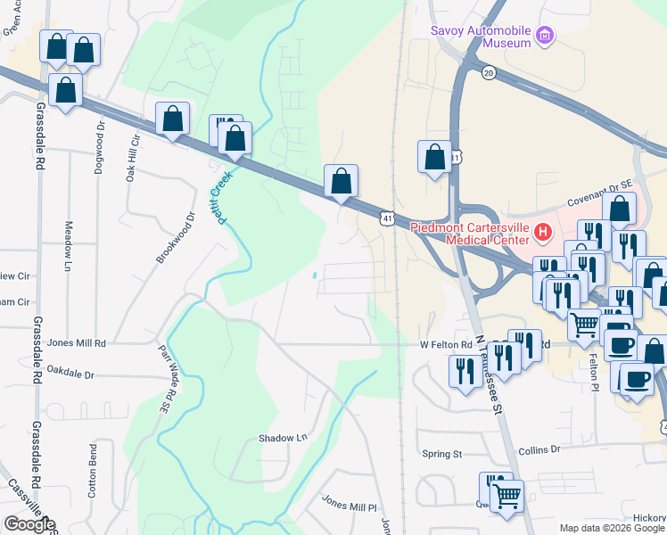 map of restaurants, bars, coffee shops, grocery stores, and more near 242 Grand Central Way in Cartersville