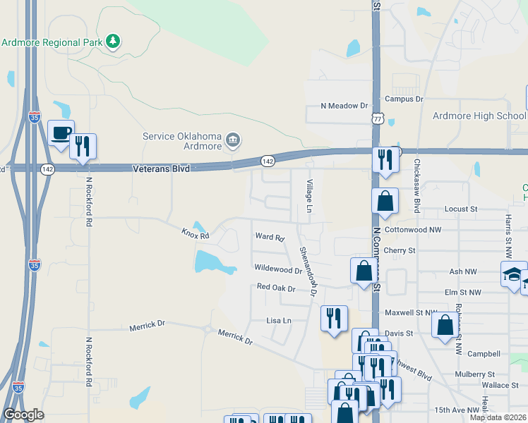 map of restaurants, bars, coffee shops, grocery stores, and more near 2206 Cimmaron Drive in Ardmore