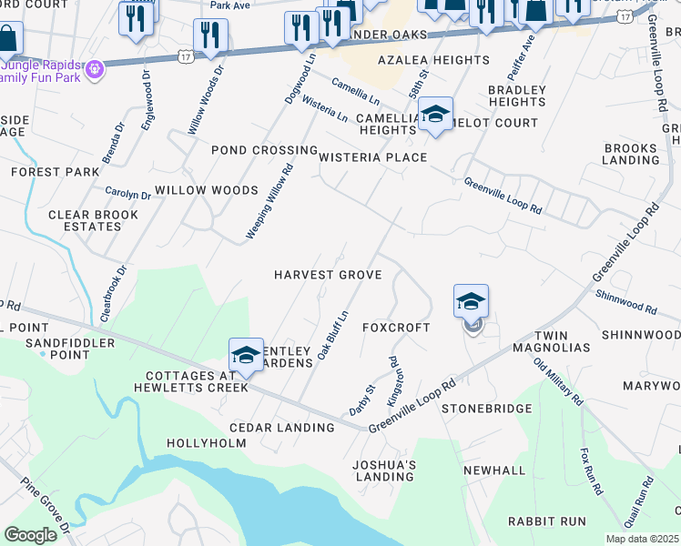 map of restaurants, bars, coffee shops, grocery stores, and more near 5617 Harvest Grove Lane in Wilmington