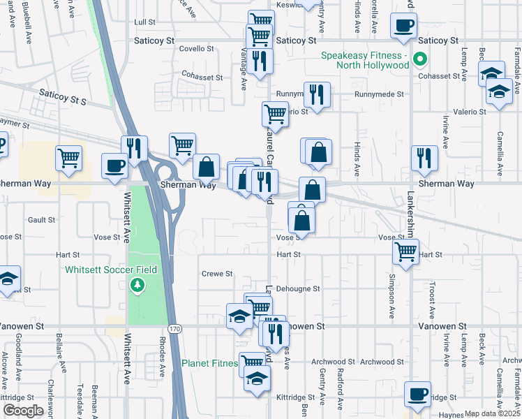 map of restaurants, bars, coffee shops, grocery stores, and more near 7114 Laurel Canyon Boulevard in Los Angeles