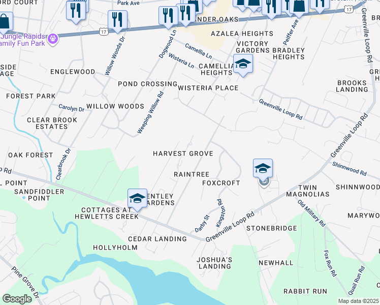 map of restaurants, bars, coffee shops, grocery stores, and more near 5617 Harvest Grove Lane in Wilmington