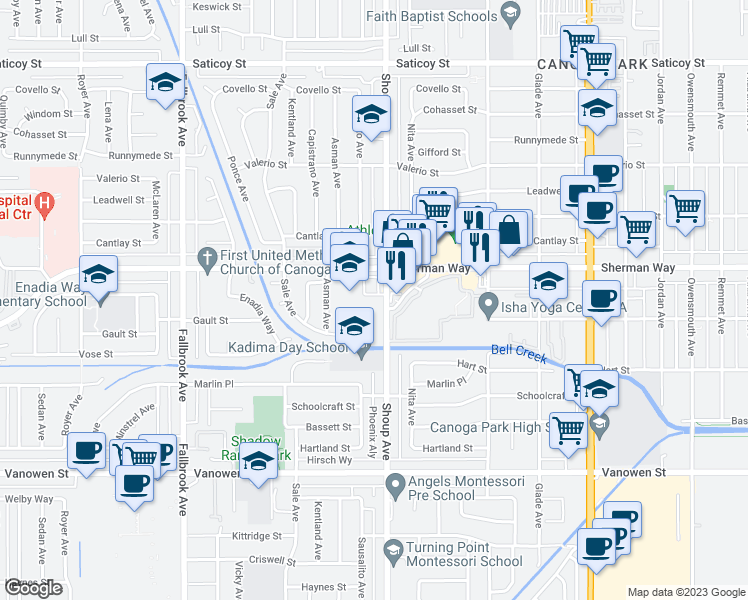 map of restaurants, bars, coffee shops, grocery stores, and more near 7125 Shoup Avenue in Los Angeles