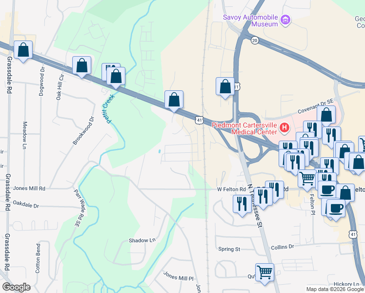 map of restaurants, bars, coffee shops, grocery stores, and more near 217 Grand Central Way in Cartersville