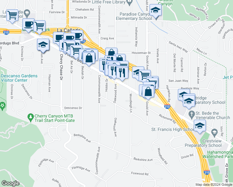 map of restaurants, bars, coffee shops, grocery stores, and more near 4428 Oakwood Avenue in La Cañada Flintridge