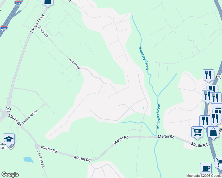 map of restaurants, bars, coffee shops, grocery stores, and more near 4192 Warren Road in Flowery Branch