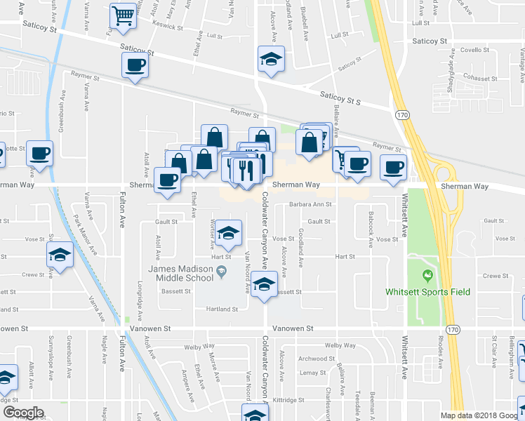 map of restaurants, bars, coffee shops, grocery stores, and more near 7133 Coldwater Canyon Avenue in Los Angeles