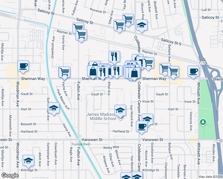 map of restaurants, bars, coffee shops, grocery stores, and more near 7119 Wortser Avenue in Los Angeles