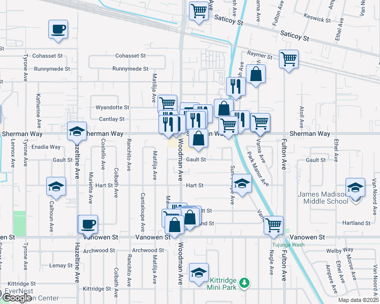 map of restaurants, bars, coffee shops, grocery stores, and more near 7124 Woodman Avenue in Los Angeles