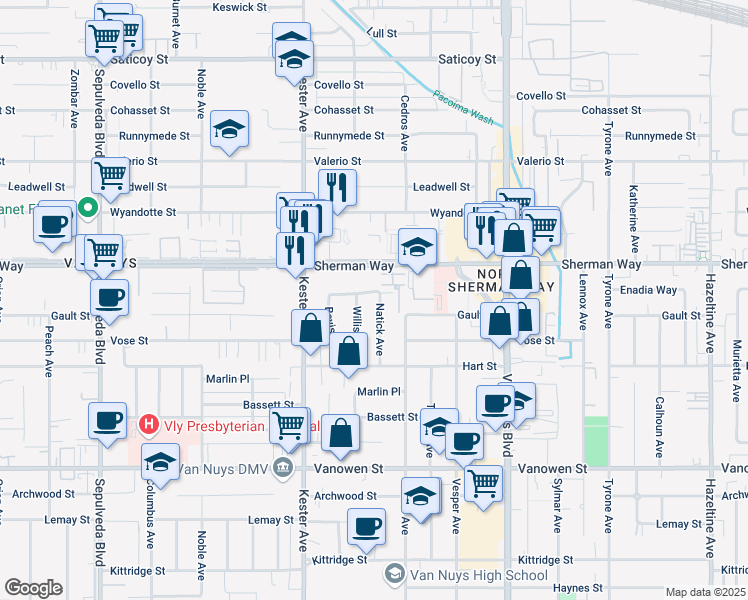 map of restaurants, bars, coffee shops, grocery stores, and more near 7124 Willis Avenue in Los Angeles