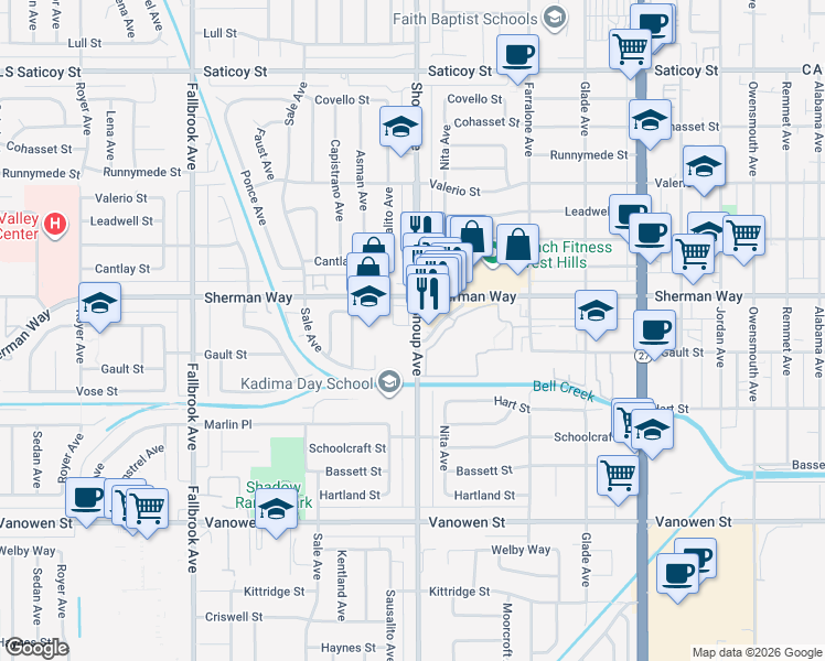 map of restaurants, bars, coffee shops, grocery stores, and more near 7125 Shoup Avenue in Los Angeles