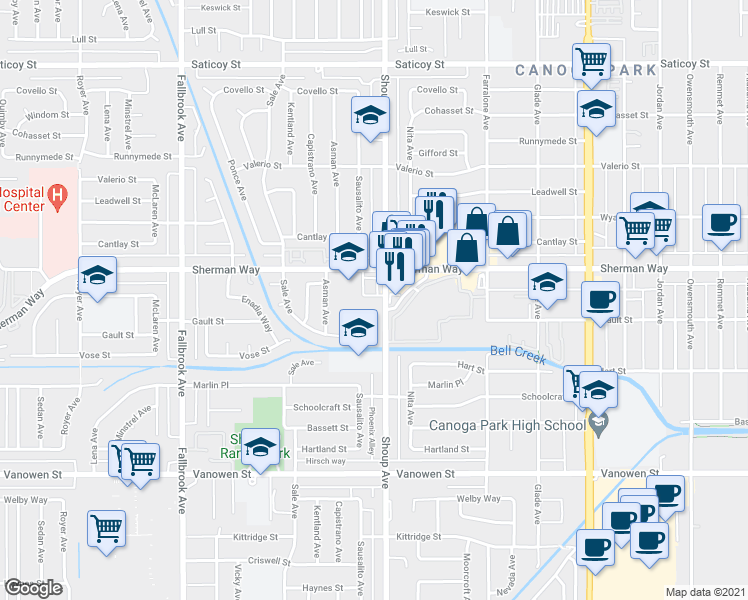 map of restaurants, bars, coffee shops, grocery stores, and more near 7125 Shoup Avenue in Los Angeles