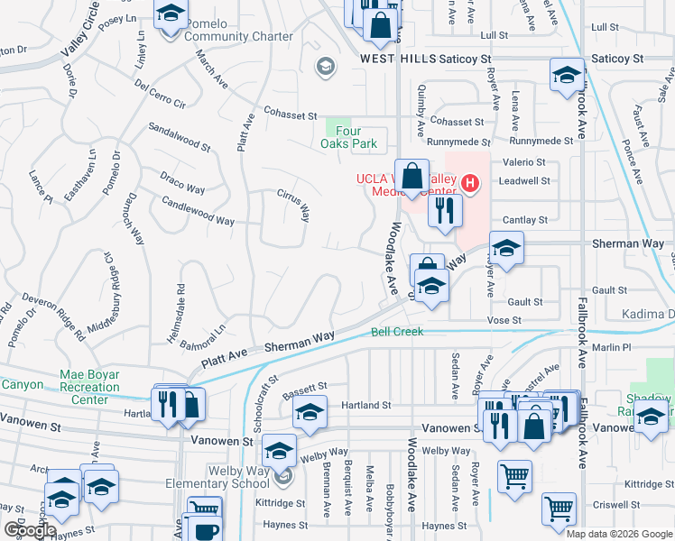map of restaurants, bars, coffee shops, grocery stores, and more near 23353 Balmoral Lane in Los Angeles