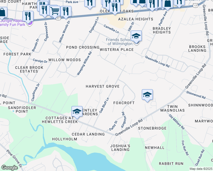 map of restaurants, bars, coffee shops, grocery stores, and more near 5617 Harvest Grove Lane in Wilmington
