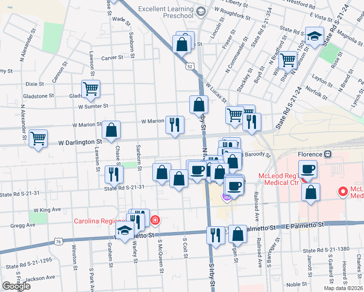 map of restaurants, bars, coffee shops, grocery stores, and more near in Florence