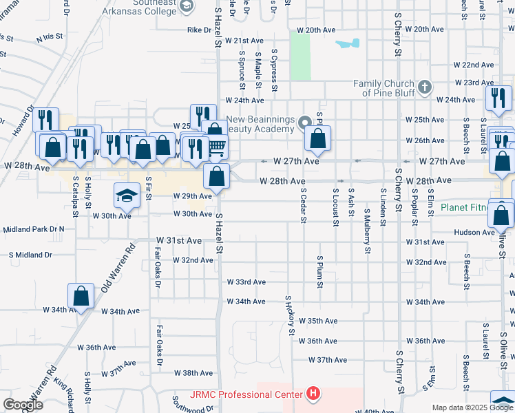 map of restaurants, bars, coffee shops, grocery stores, and more near 1902 West 29th Avenue in Pine Bluff