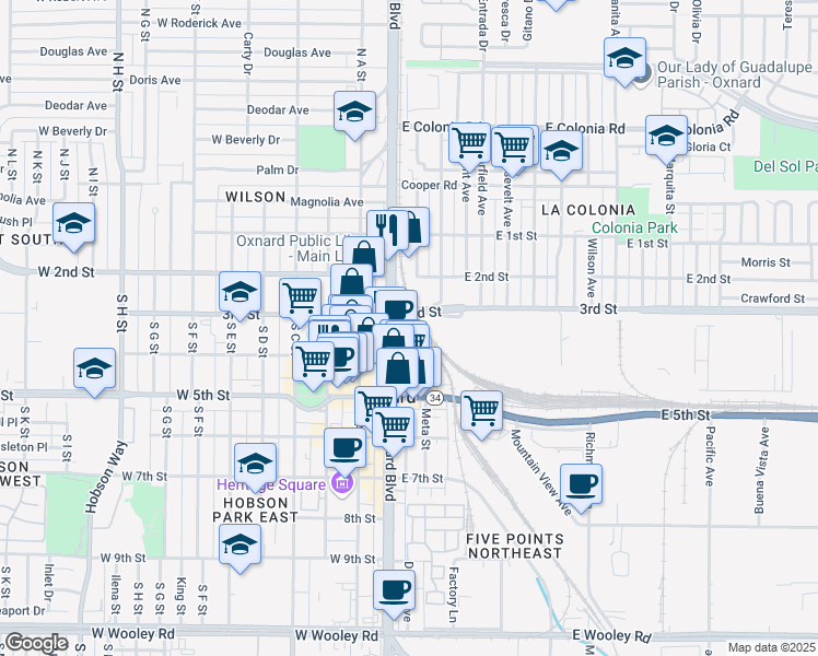 map of restaurants, bars, coffee shops, grocery stores, and more near 19 Enterprise Street in Oxnard