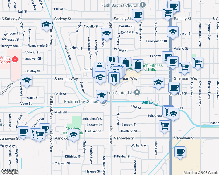 map of restaurants, bars, coffee shops, grocery stores, and more near 7125 Shoup Avenue in Los Angeles
