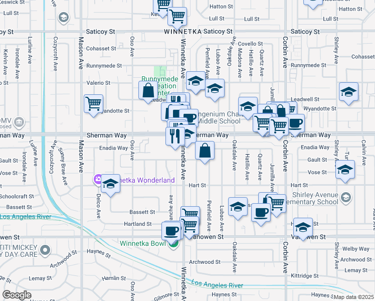 map of restaurants, bars, coffee shops, grocery stores, and more near 7136 Winnetka Avenue in Los Angeles