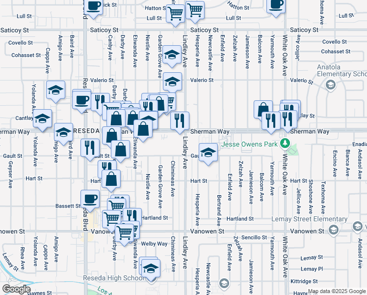 map of restaurants, bars, coffee shops, grocery stores, and more near 7113 Lindley Avenue in Los Angeles