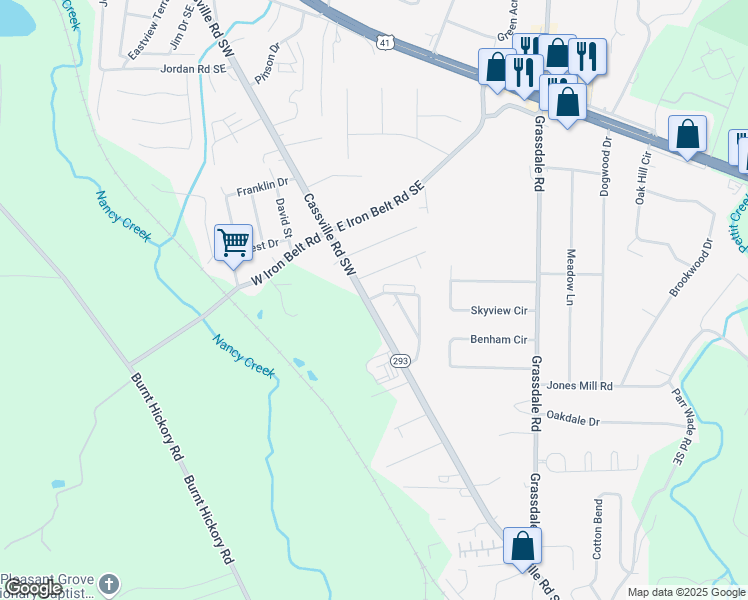 map of restaurants, bars, coffee shops, grocery stores, and more near 617 Cassville Road Southeast in Cartersville