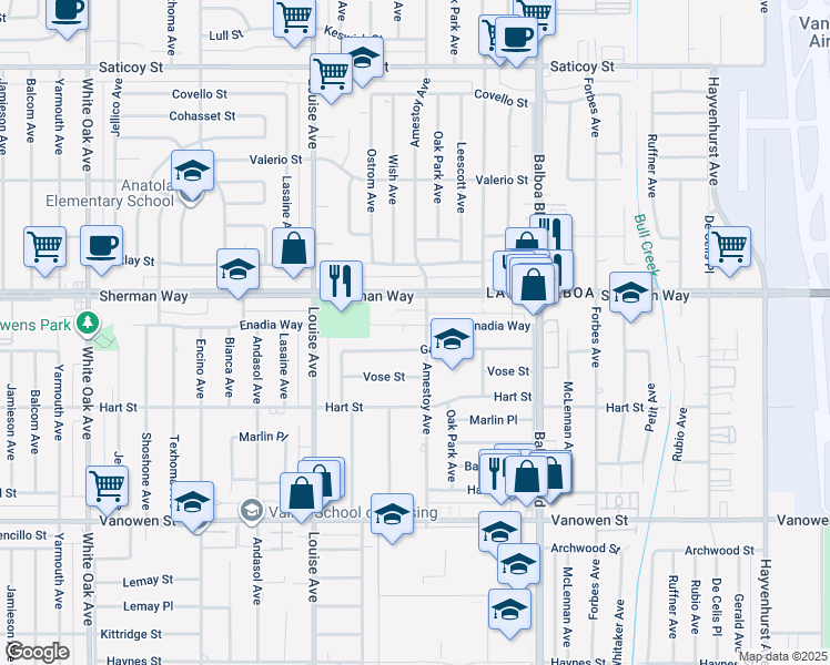 map of restaurants, bars, coffee shops, grocery stores, and more near 17108 Enadia Way in Los Angeles