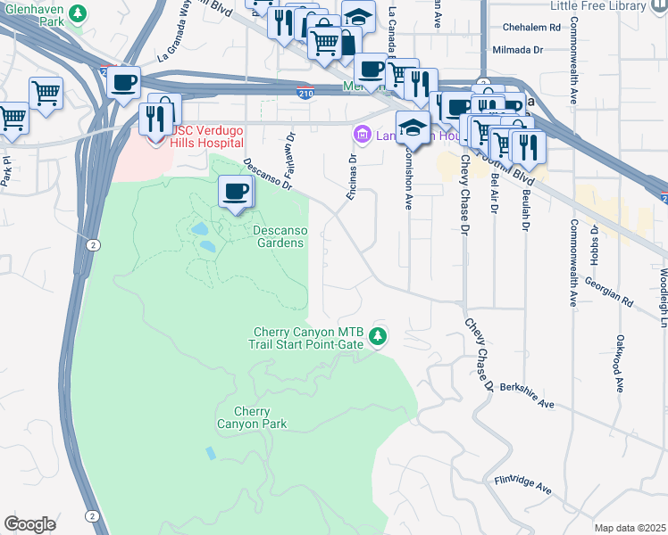 map of restaurants, bars, coffee shops, grocery stores, and more near 4224 Encinas Drive in La Cañada Flintridge