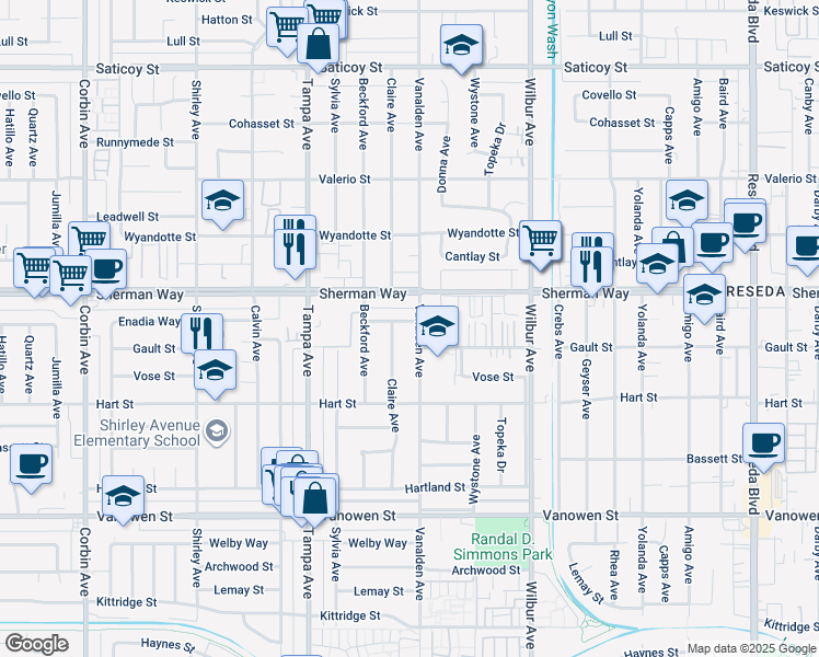 map of restaurants, bars, coffee shops, grocery stores, and more near 19108 Enadia Way in Los Angeles